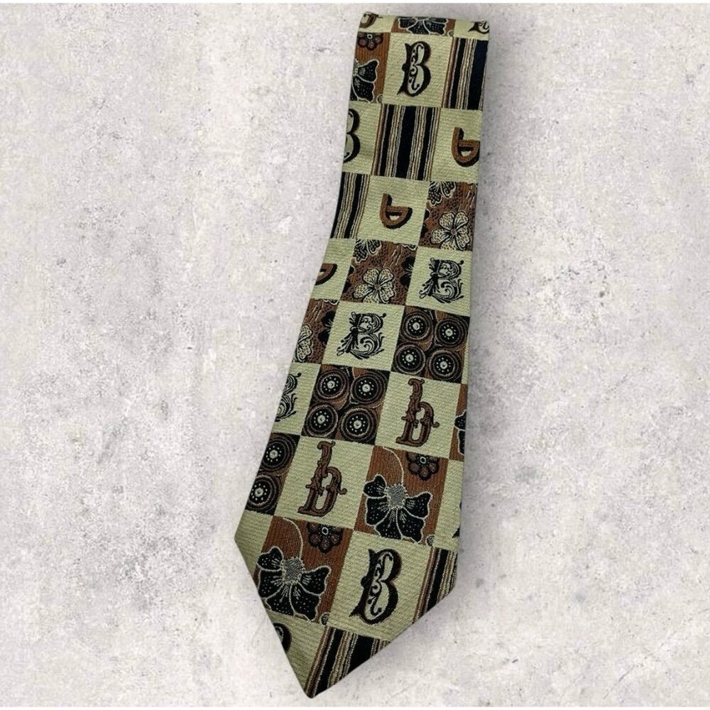 BYBLOS Silk Tie ITALY Brown Beige Geometric Floral Monogram B W:3.7" EUC